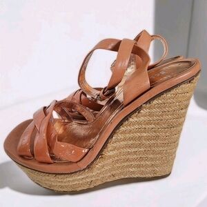 BCBG Generation Tan Strappy Wedge Sandal Espadrille Platform High Heels Size 8.5